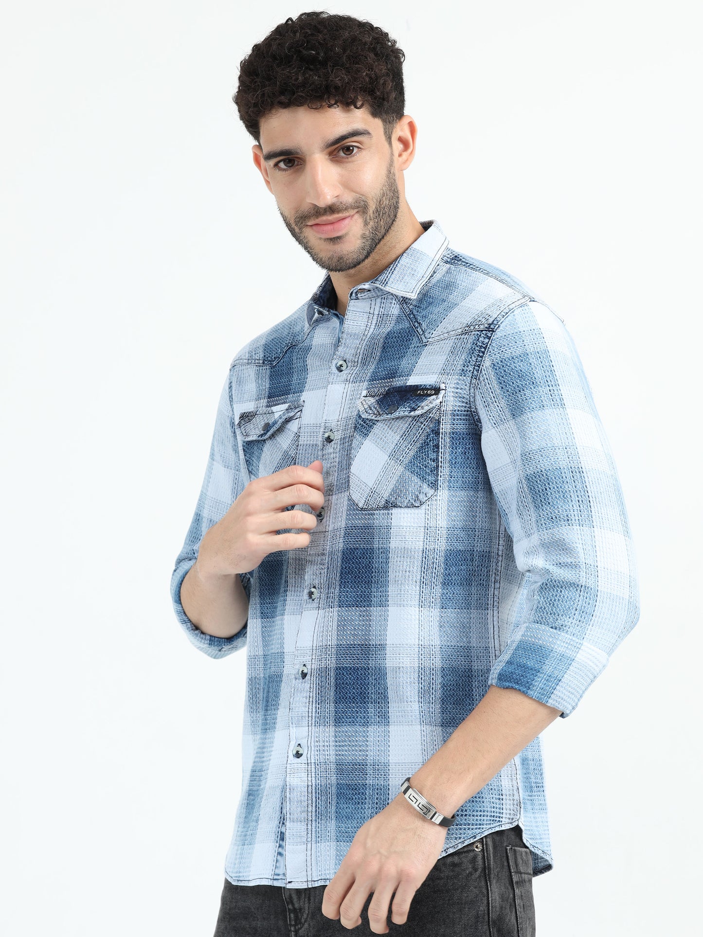 Indigo Cotton Sky Blue Checks Shirt