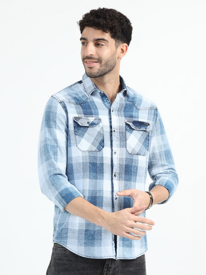 Indigo Cotton Sky Blue Checks Shirt