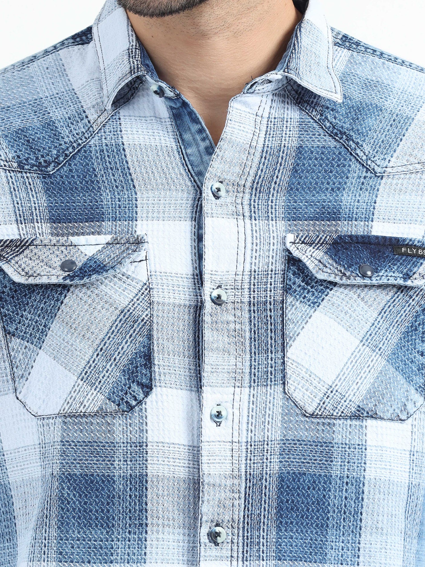 Indigo Cotton Sky Blue Checks Shirt