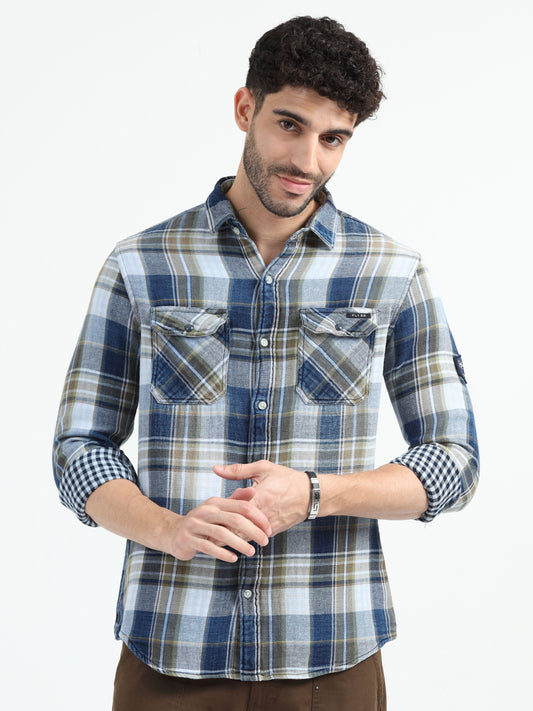 Indigo Cotton Olive Checks Shirt