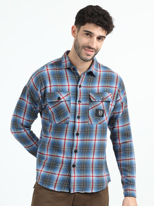 Navy Double Pocket Checks Shirt