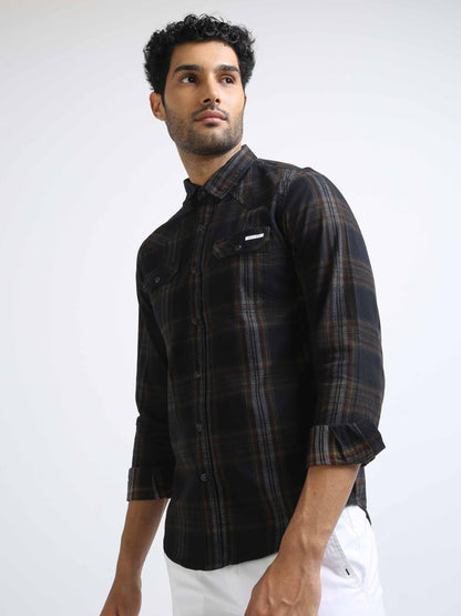 Checkered Black Cotton Corduroy Shirt for Men 