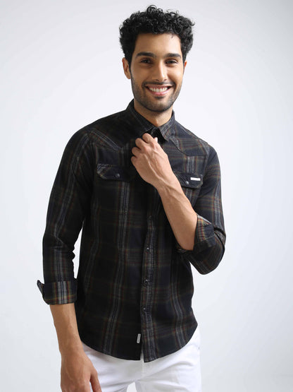 Checkered Black Cotton Corduroy Shirt for Men 