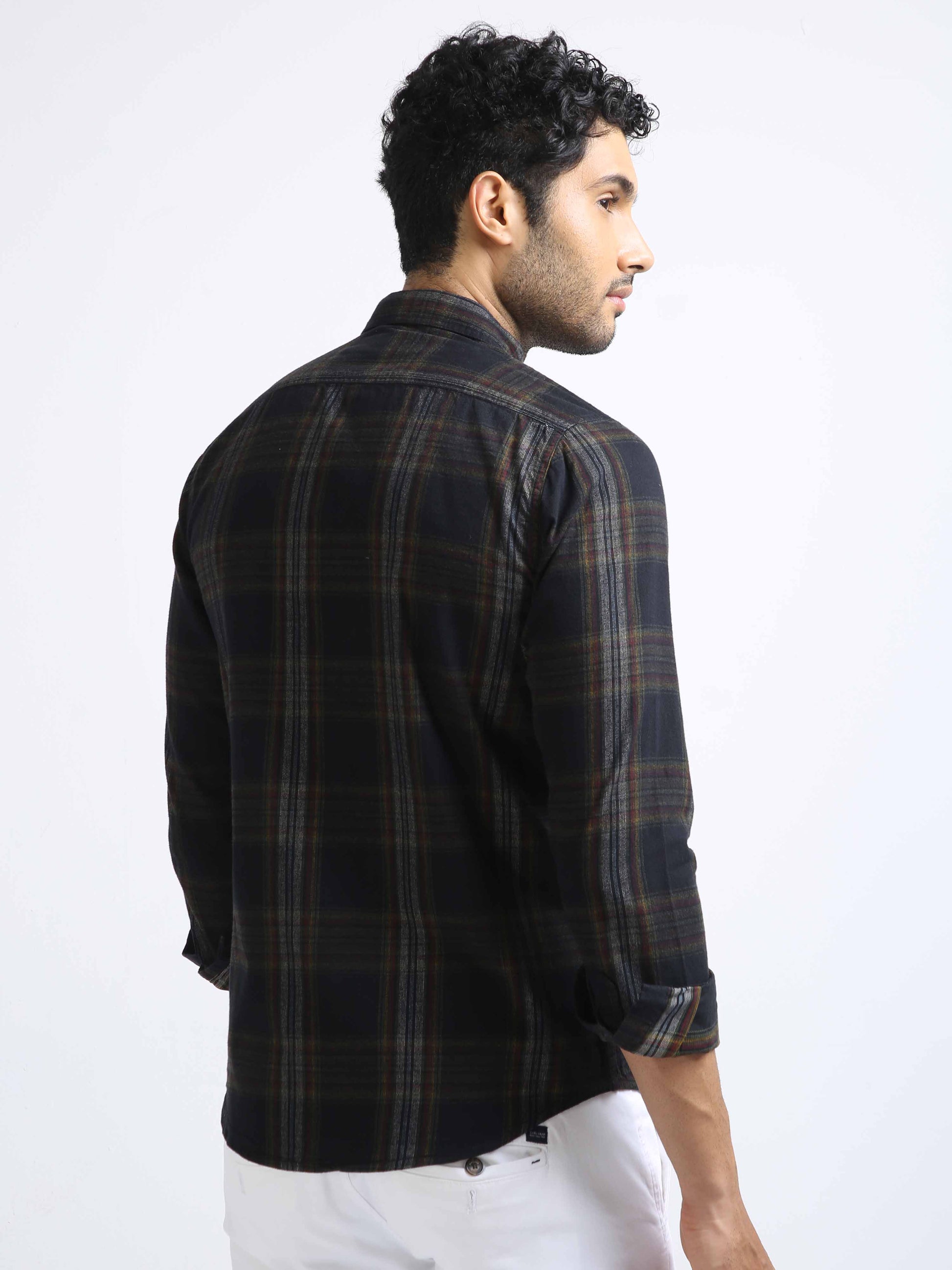 Checkered Black Cotton Corduroy Shirt for Men 