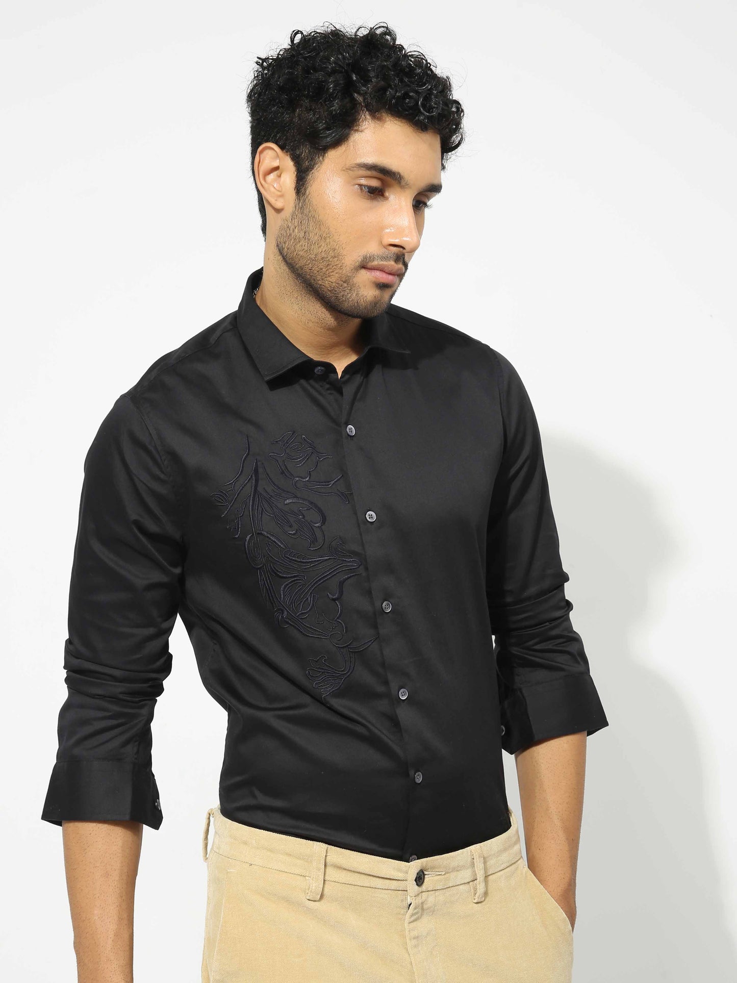 Black Embroidered Satin Shirt