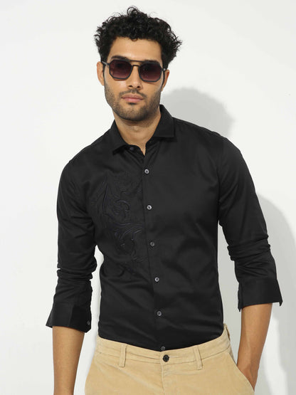 Black Embroidered Satin Shirt