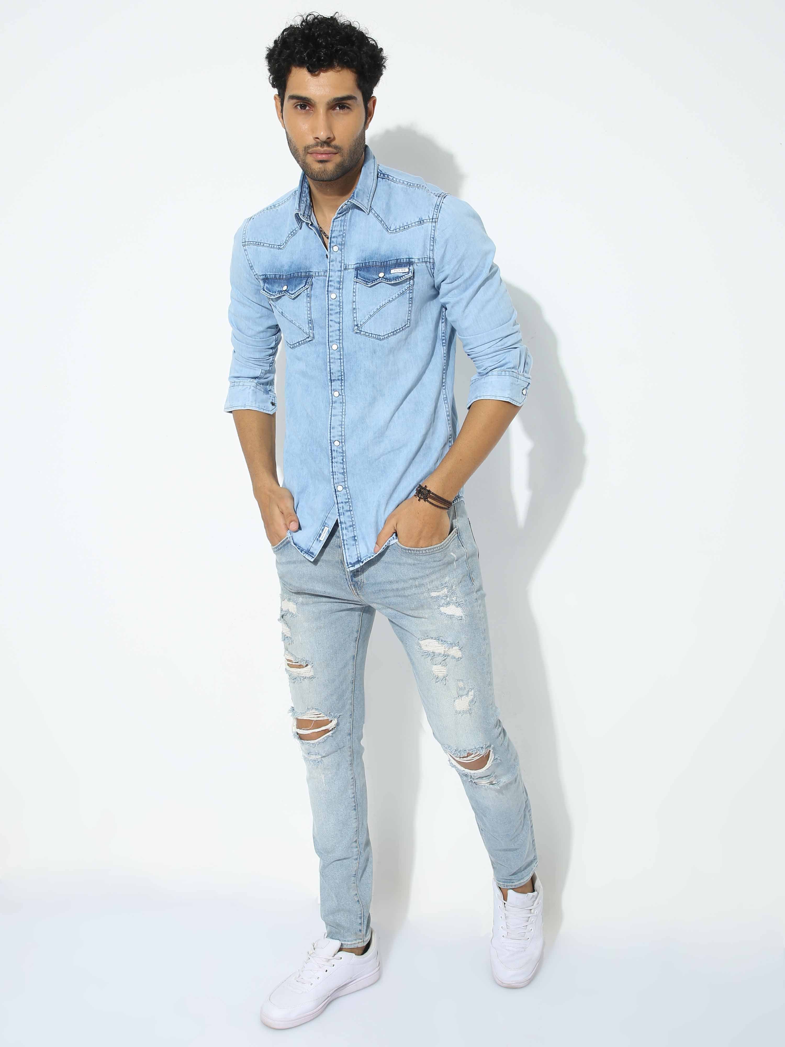 Denim Shirt Double pocket Mens designer Blue Wash Solid shirt jeans plain  plane shartes slim trendy