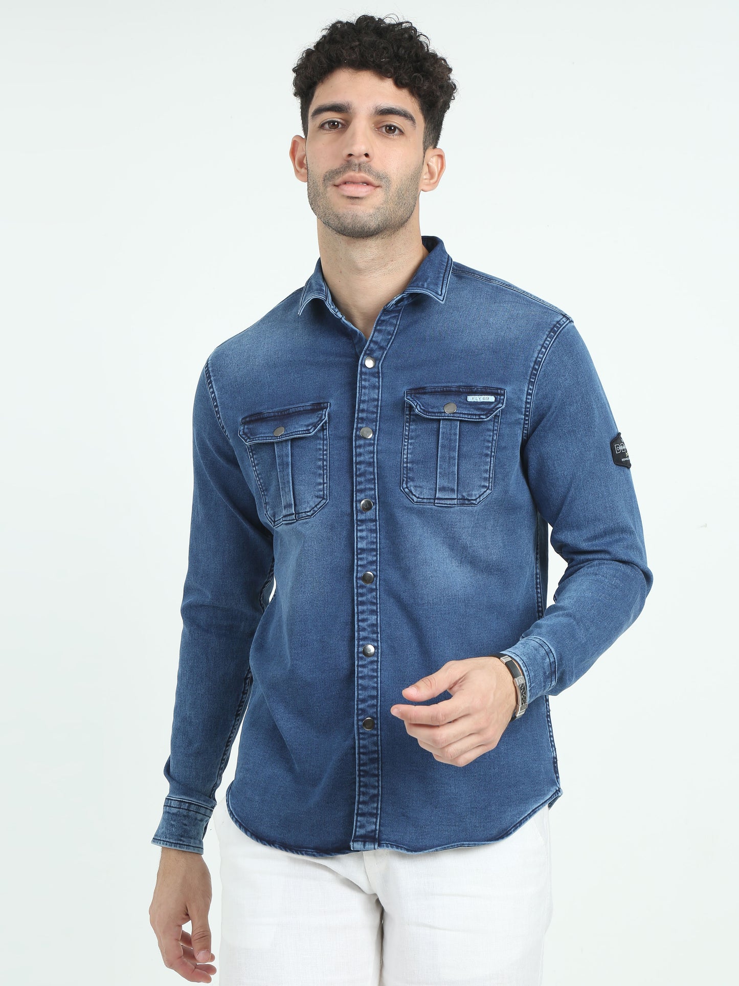 Air force blue double pocket denim shirt for men