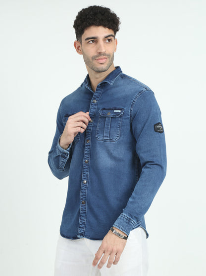 Air force blue double pocket denim shirt for men