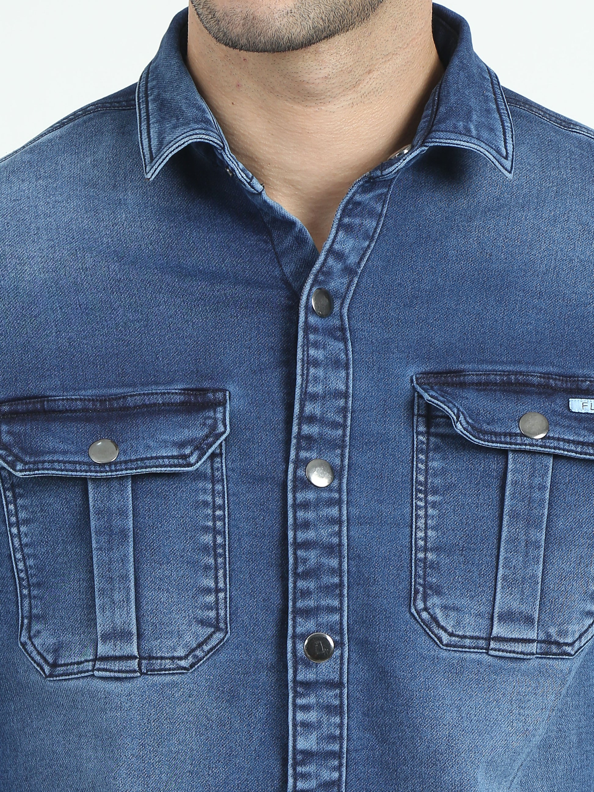 Air force blue double pocket denim shirt for men