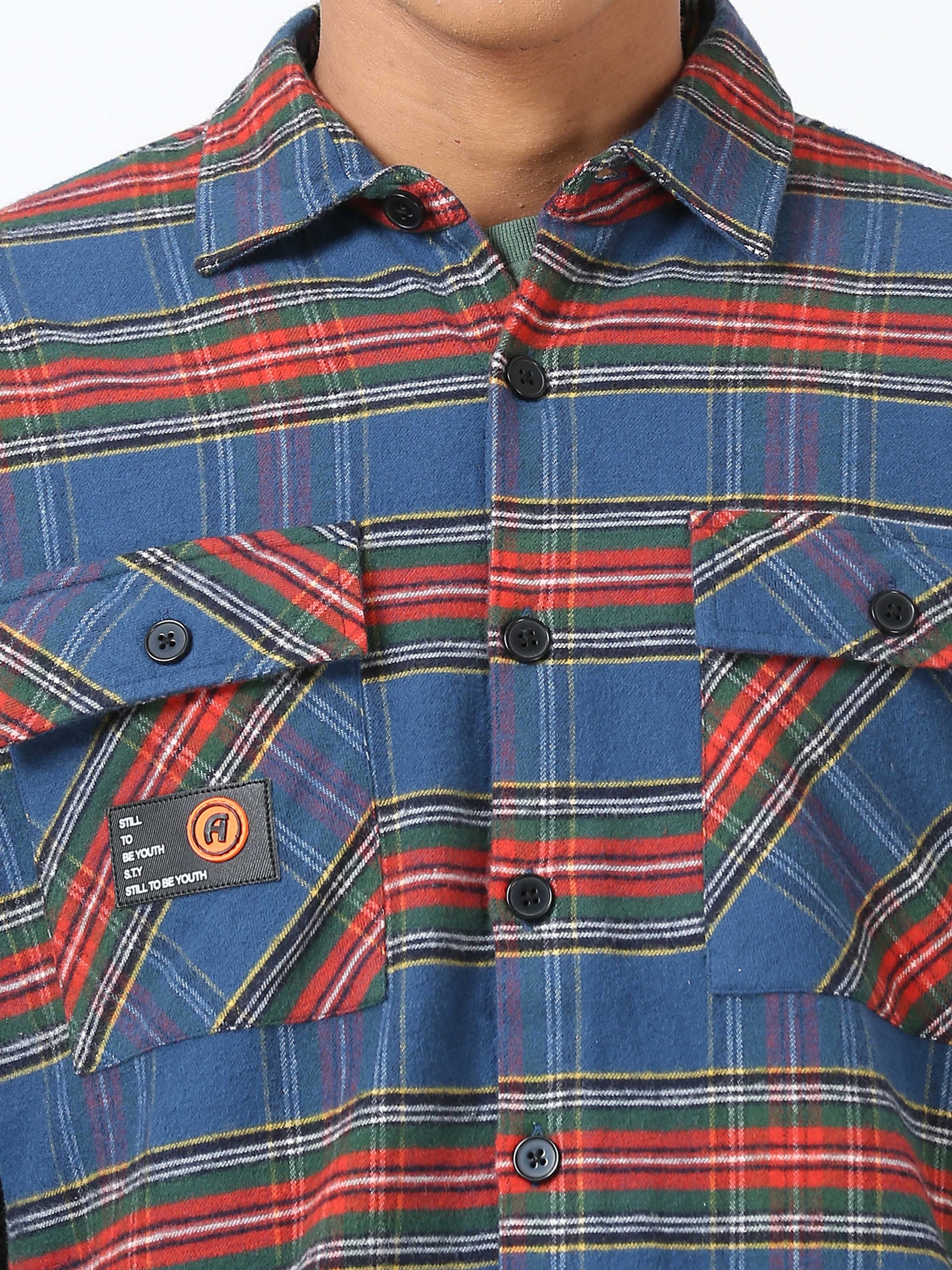 Blue & Red Drop shoulder Brushed Shirt for Men 