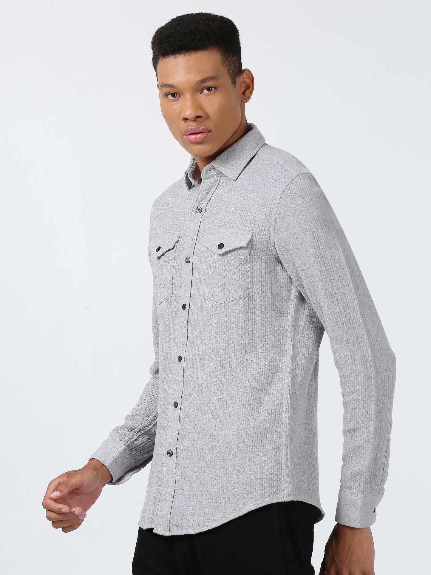 Light Grey Cotton Dobby Double Pocket Shirt