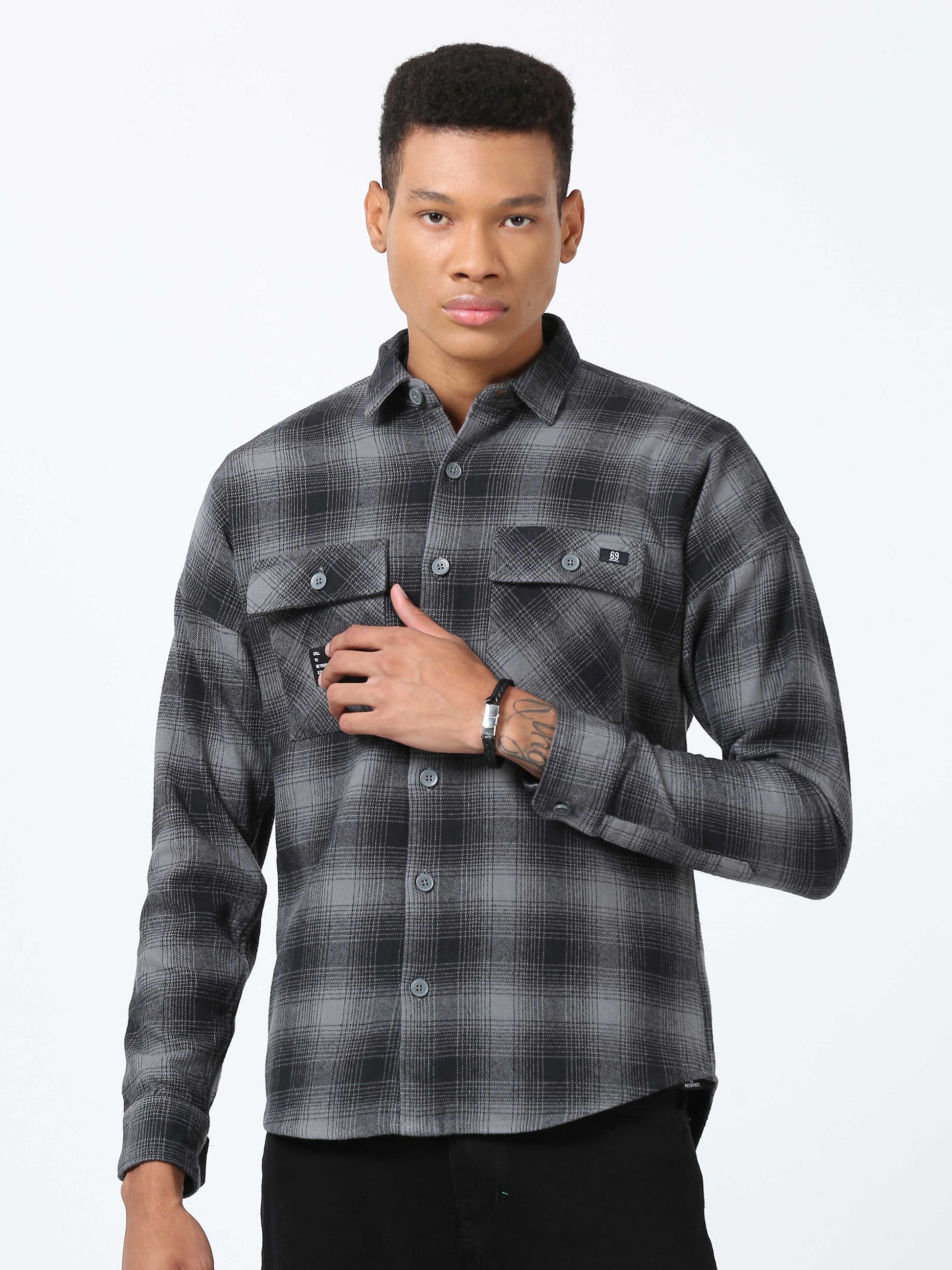 Grey & Black Drop shoulder Brushed Shirt for Men 