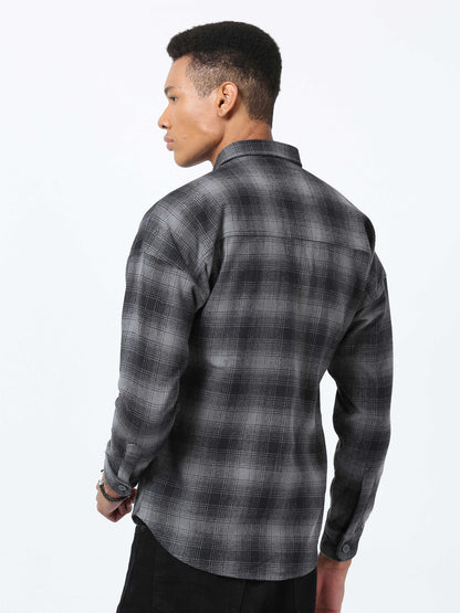 Grey & Black Drop shoulder Brushed Shirt for Men 