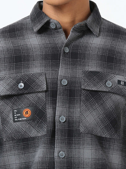 Grey & Black Drop shoulder Brushed Shirt for Men 