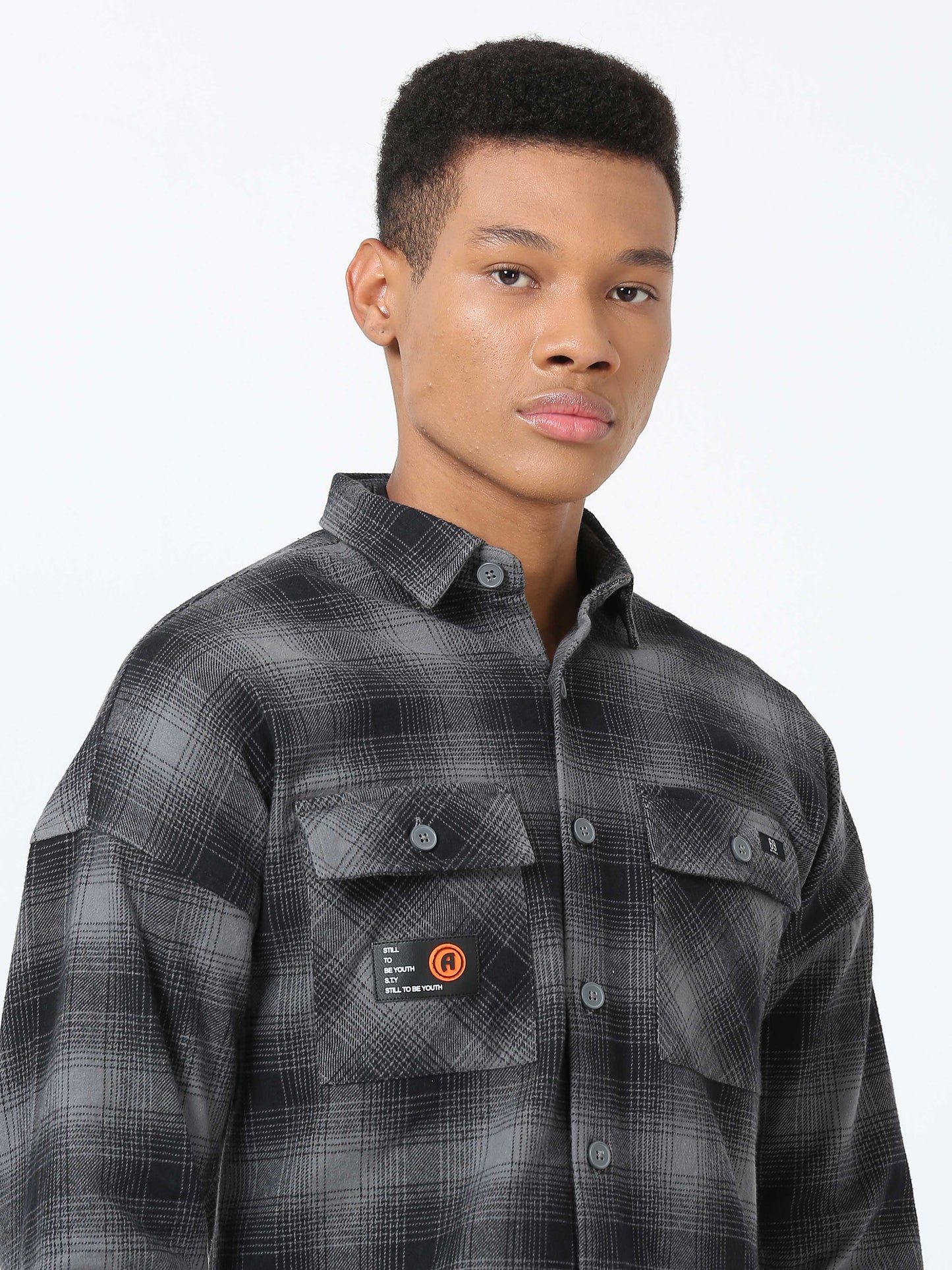 Grey & Black Drop shoulder Brushed Shirt for Men 