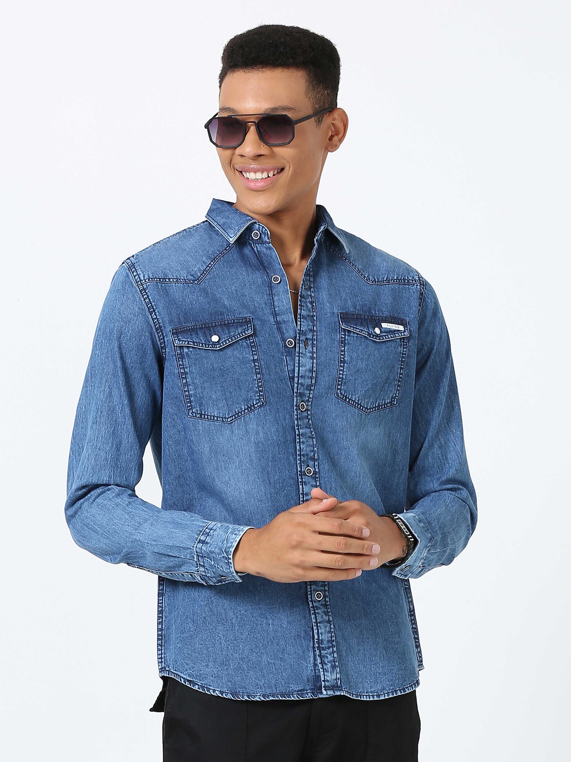 Mid Blue Double Pocket Shirt for Men 
