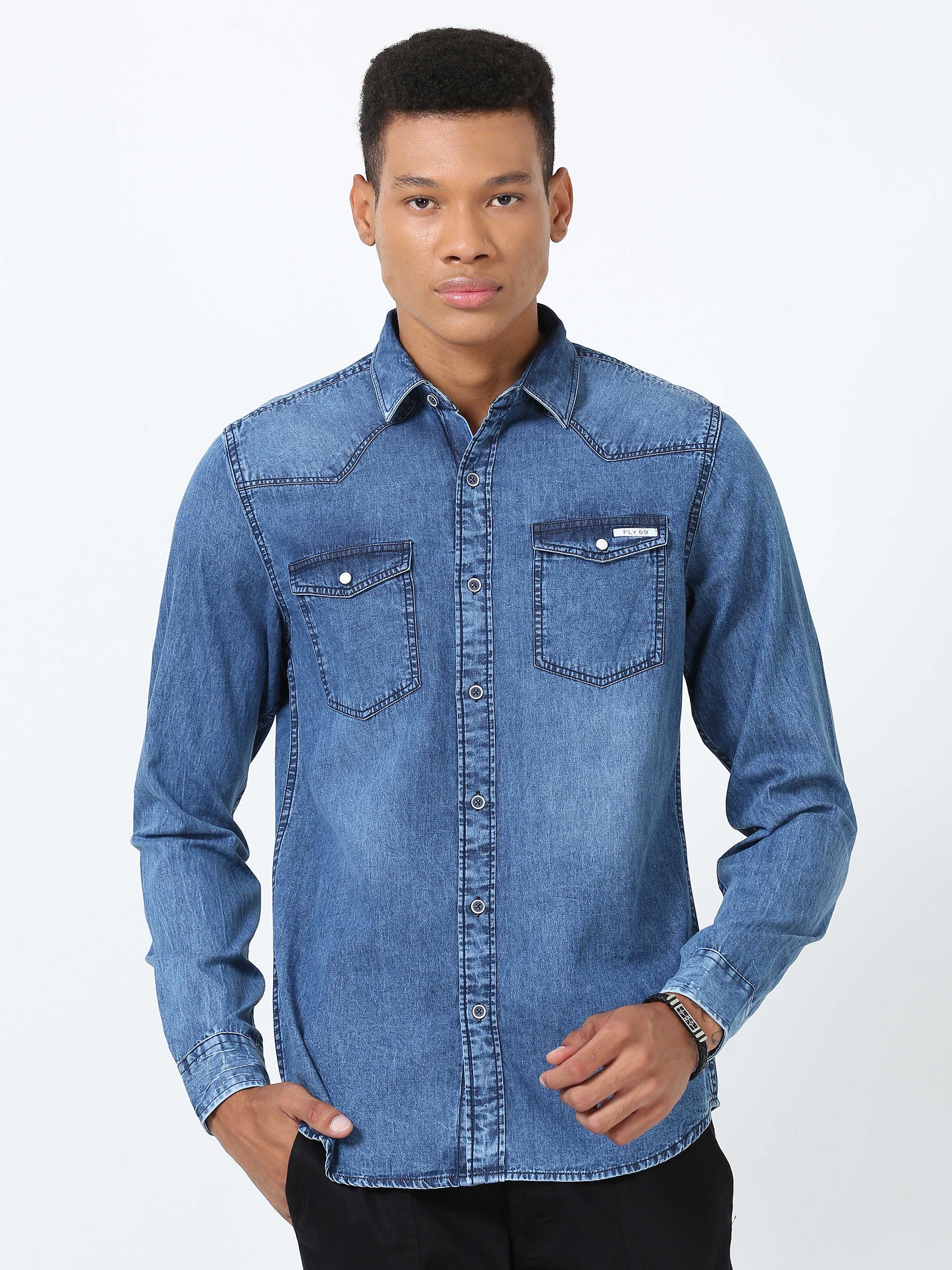 Mid Blue Double Pocket Shirt for Men 