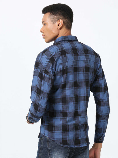 Blue & Black Drop shoulder Brushed Shirt for Men 