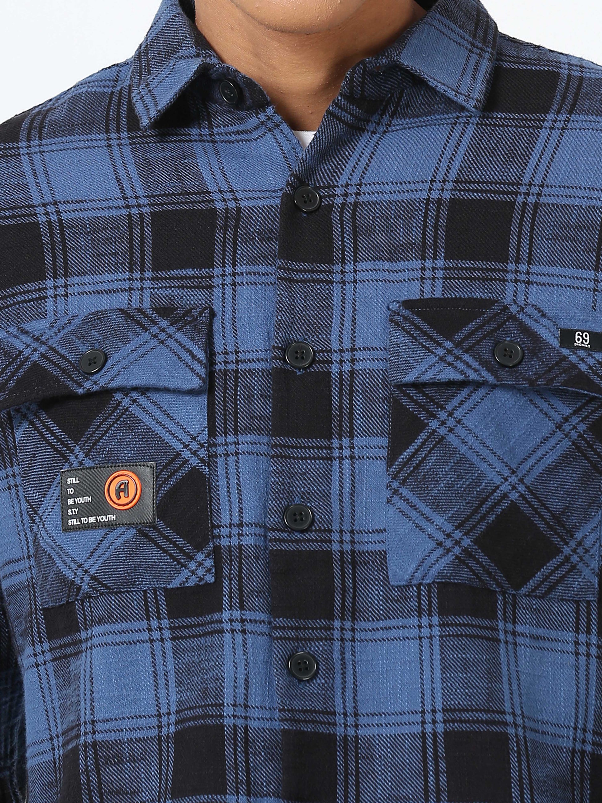 Blue & Black Drop shoulder Brushed Shirt for Men 