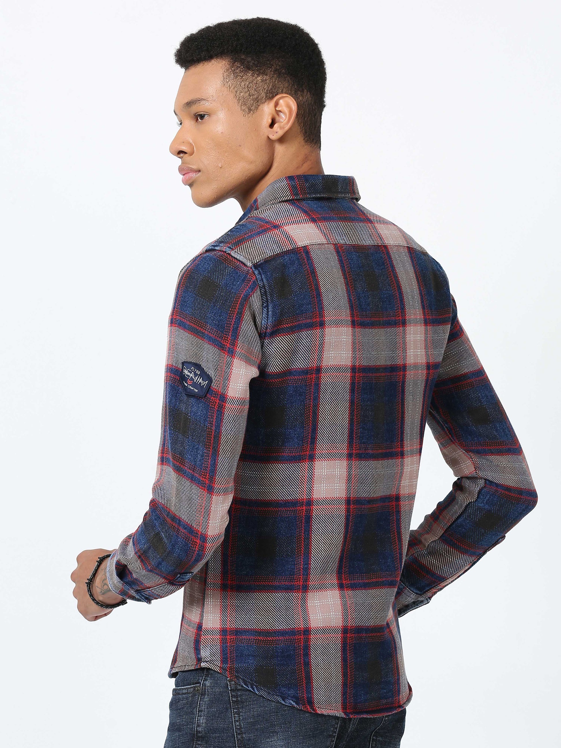 Red and Black Denim Checks Shirt for Men 