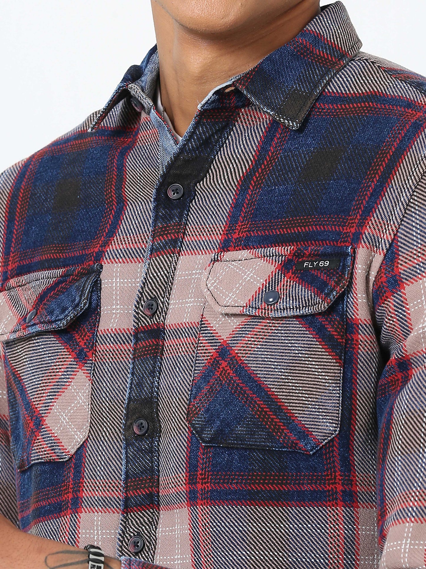 Red and Black Denim Checks Shirt for Men 