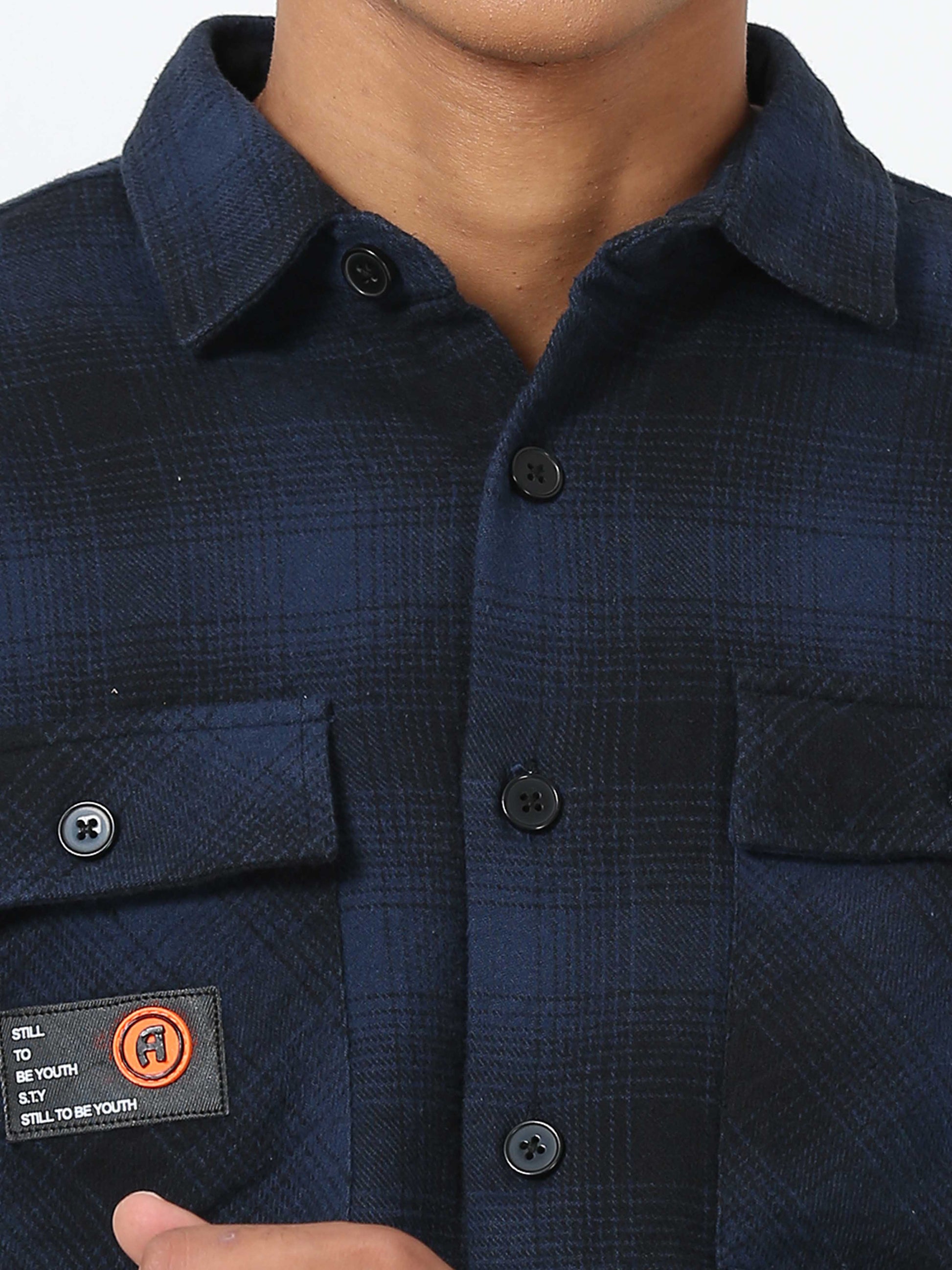Navy Blue & Black Drop shoulder Brushed Shirt for Men