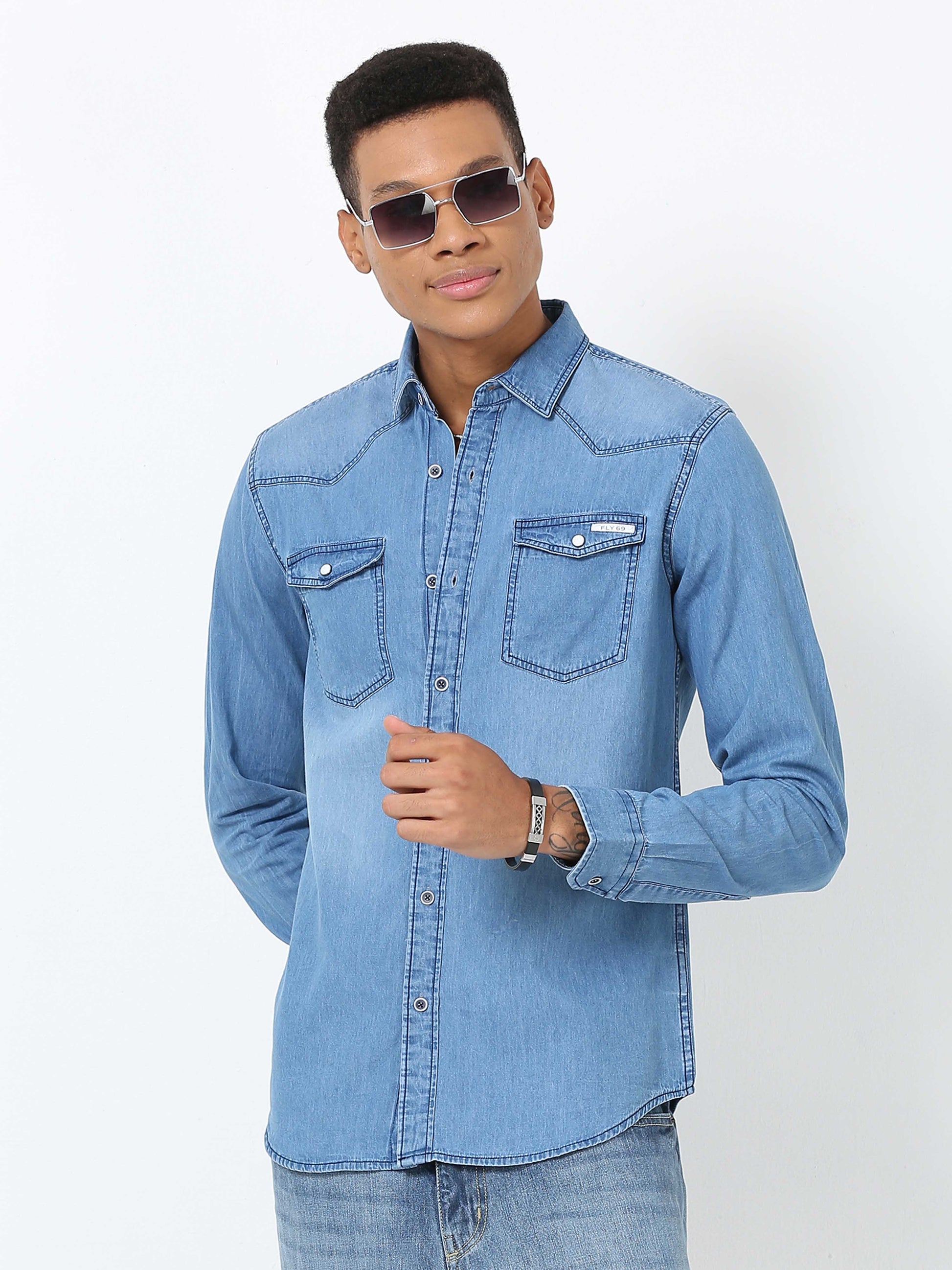 Seagull Double Pocket Denim Shirt for Men 