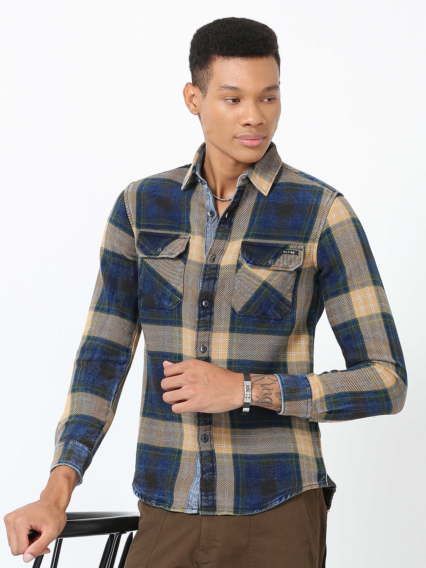 Blue and Beige Denim Checks Shirt