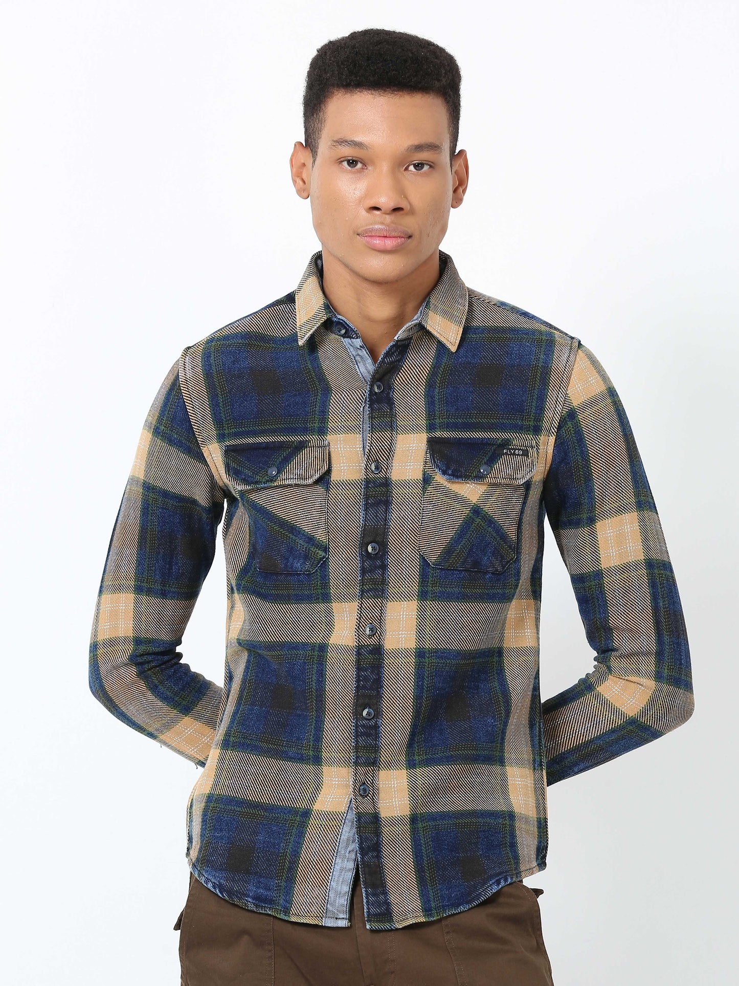 Blue and Beige Denim Checks Shirt