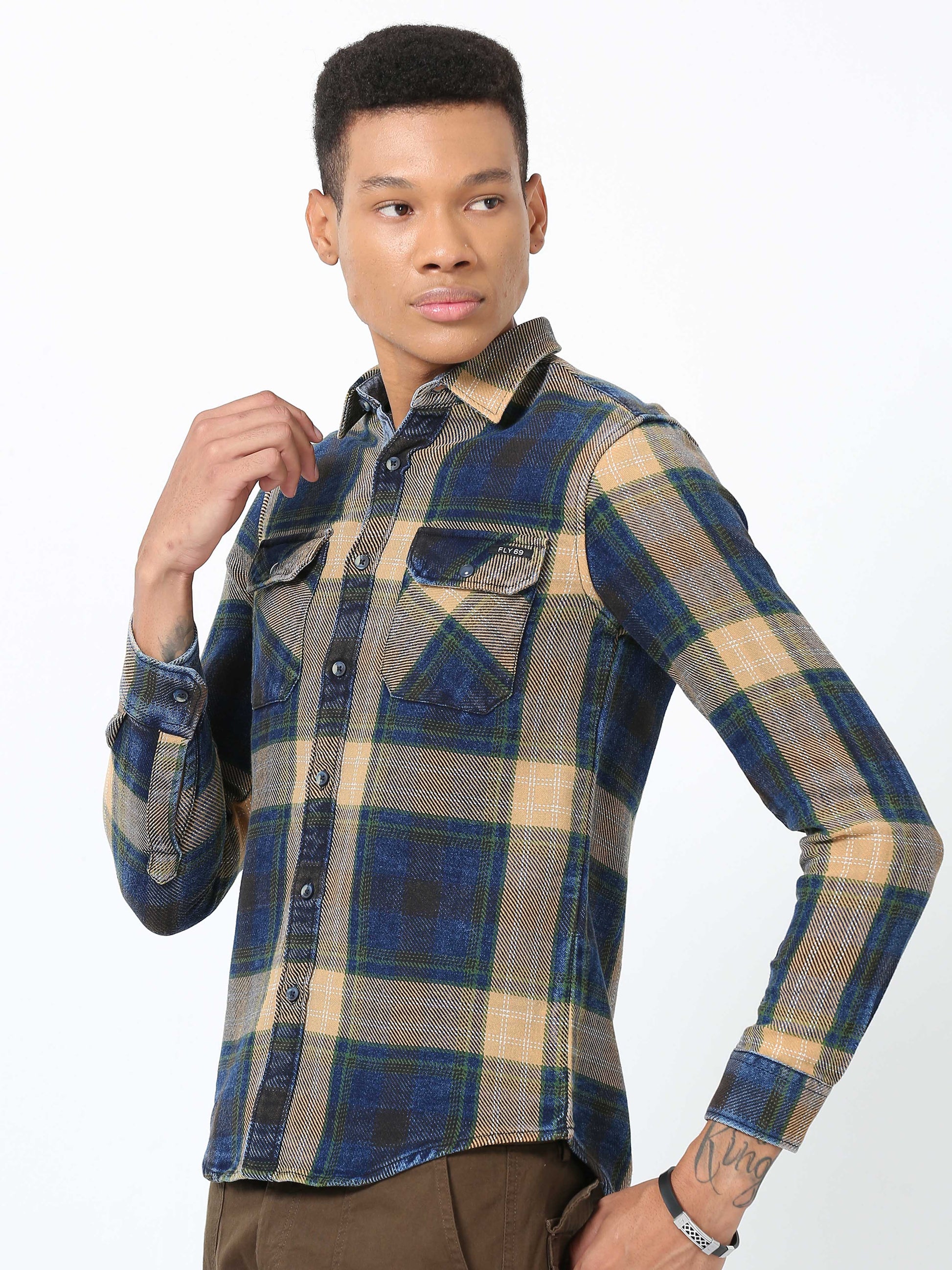 Blue and Beige Denim Checks Shirt