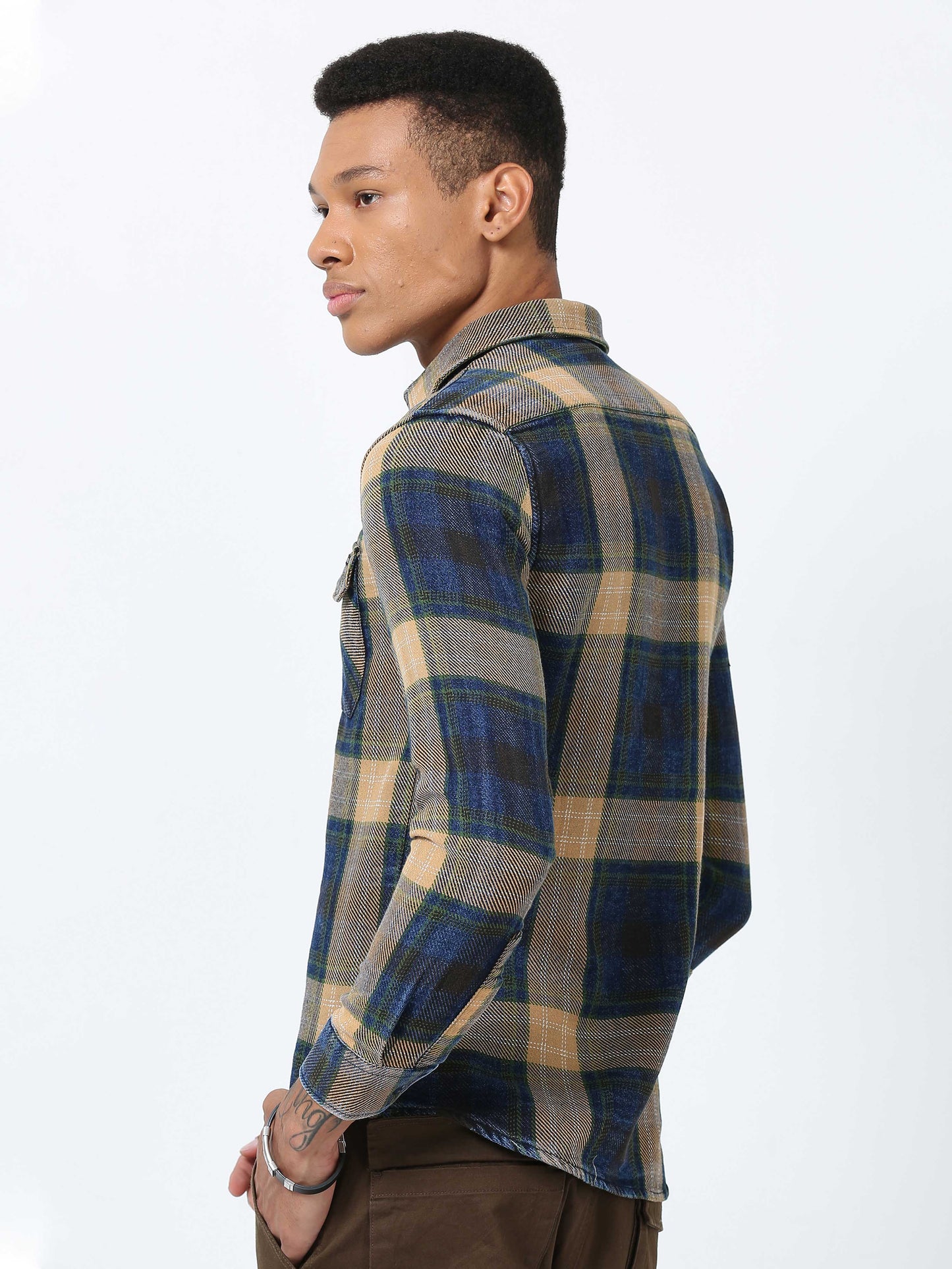 Blue and Beige Denim Checks Shirt