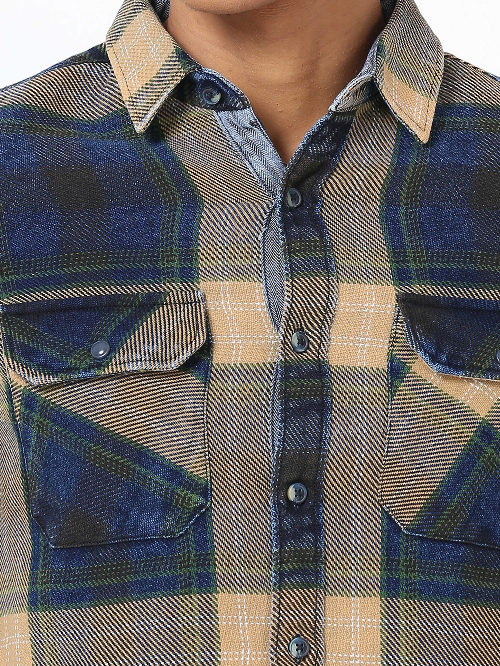 Blue and Beige Denim Checks Shirt