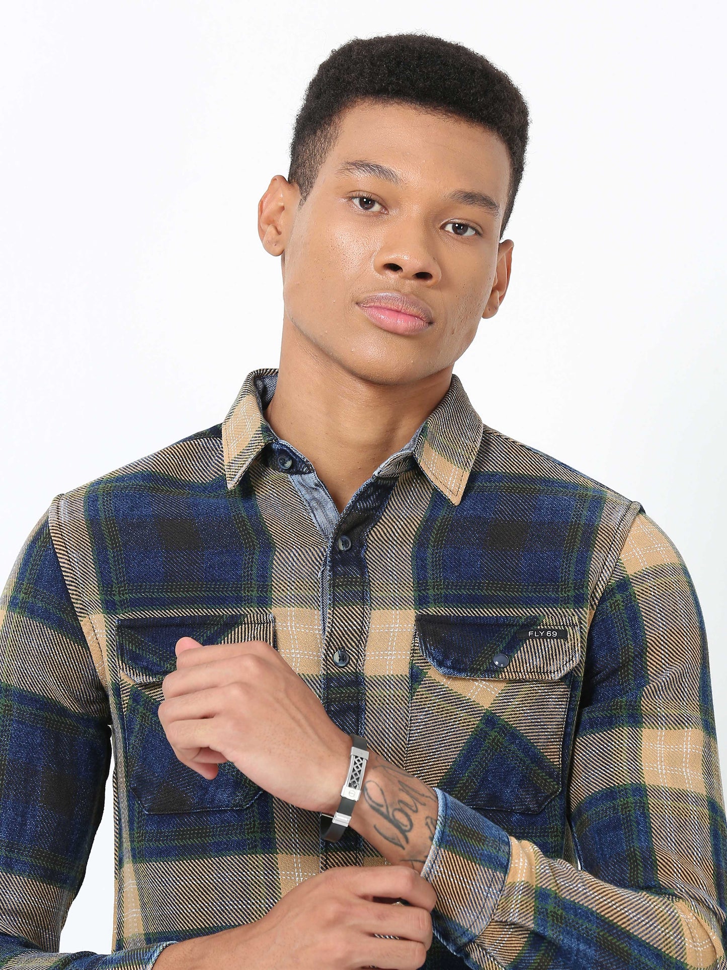 Blue and Beige Denim Checks Shirt