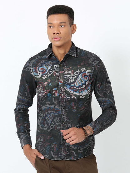 Black Floral Printed Shirt for Men 