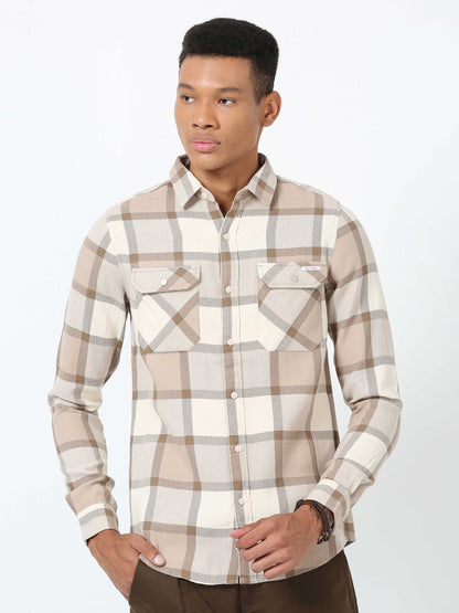 Camel Double Pocket Checks Shirt for Men 