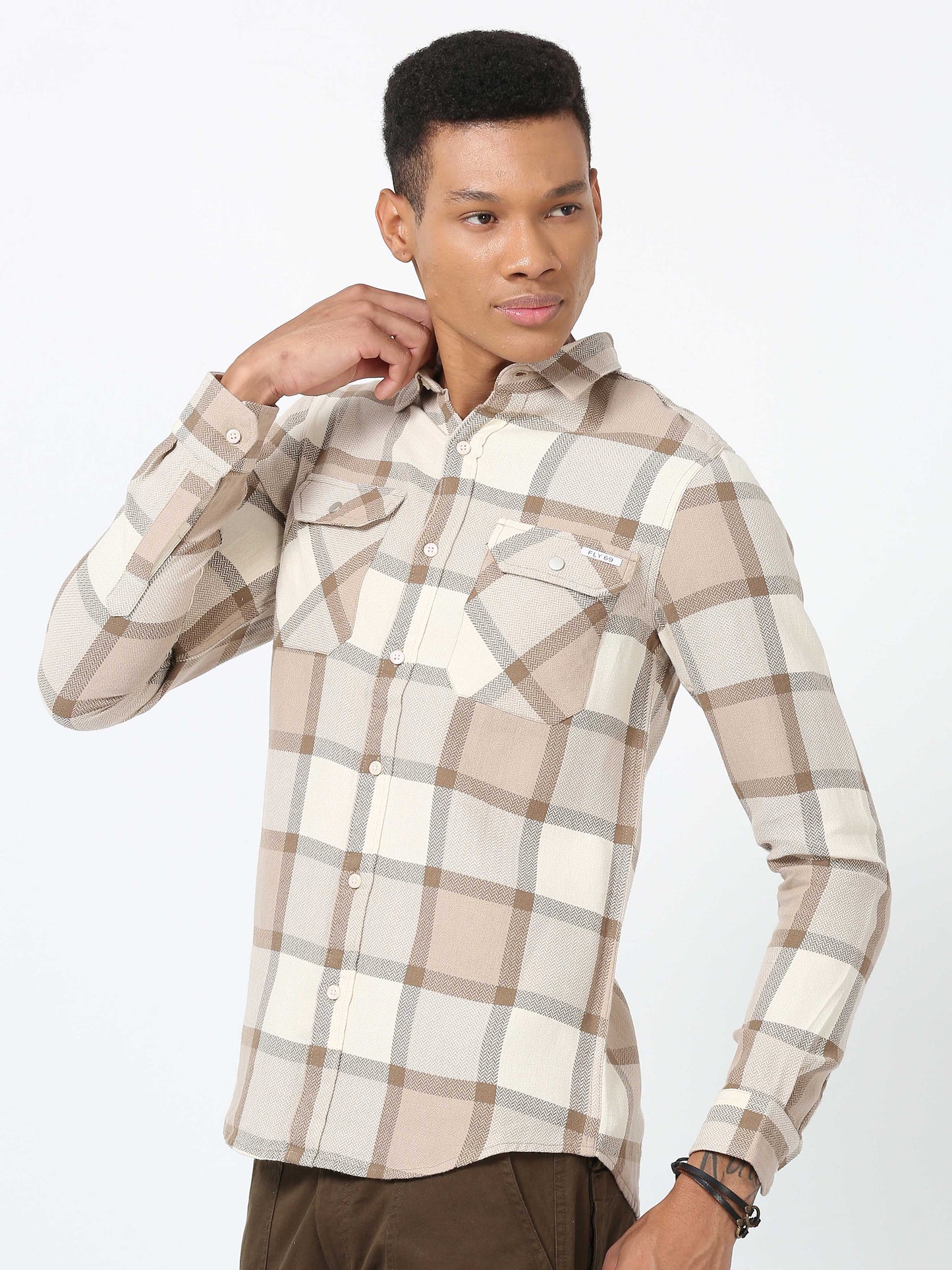 Camel Double Pocket Checks Shirt for Men 