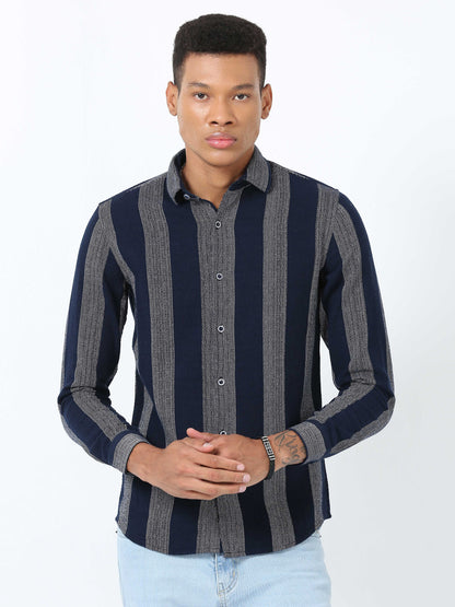 Navy Jute Linen Full Sleeve Stripe Shirt