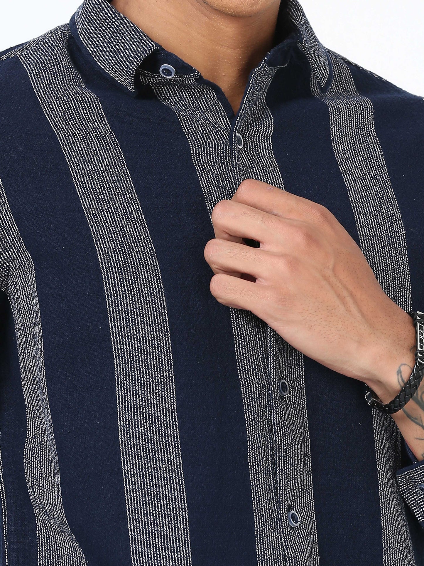 Navy Jute Linen Full Sleeve Stripe Shirt