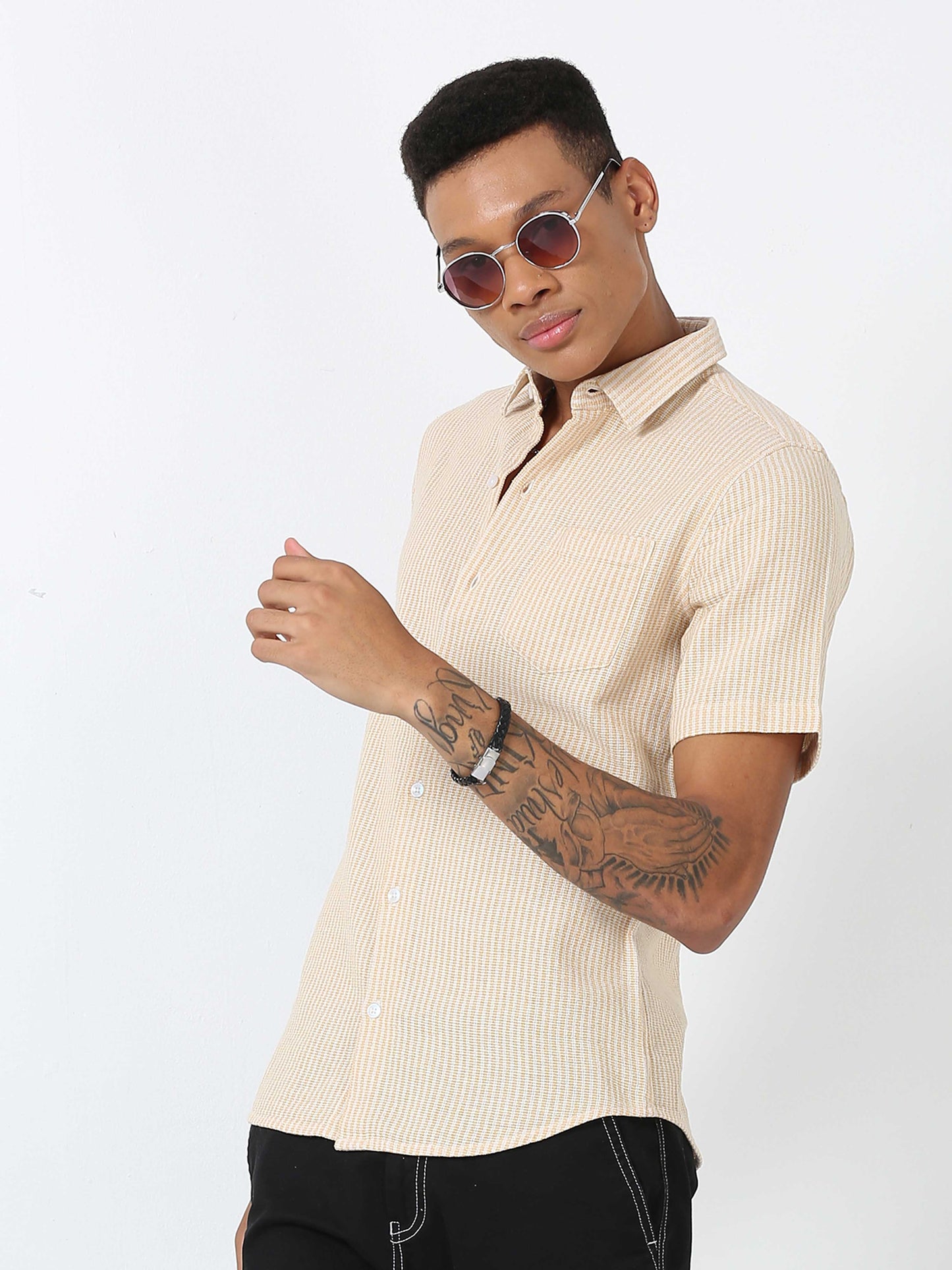 Yellow dobby half sleeve striped shirt