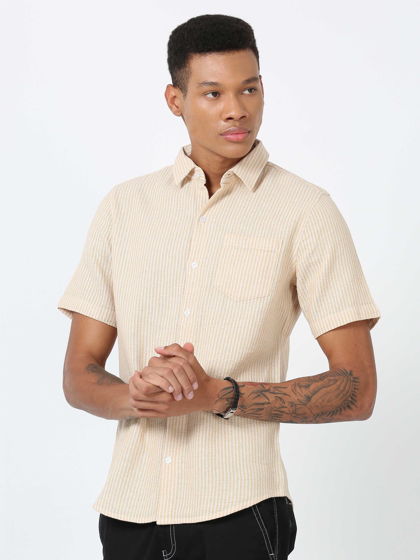 Yellow dobby half sleeve striped shirt