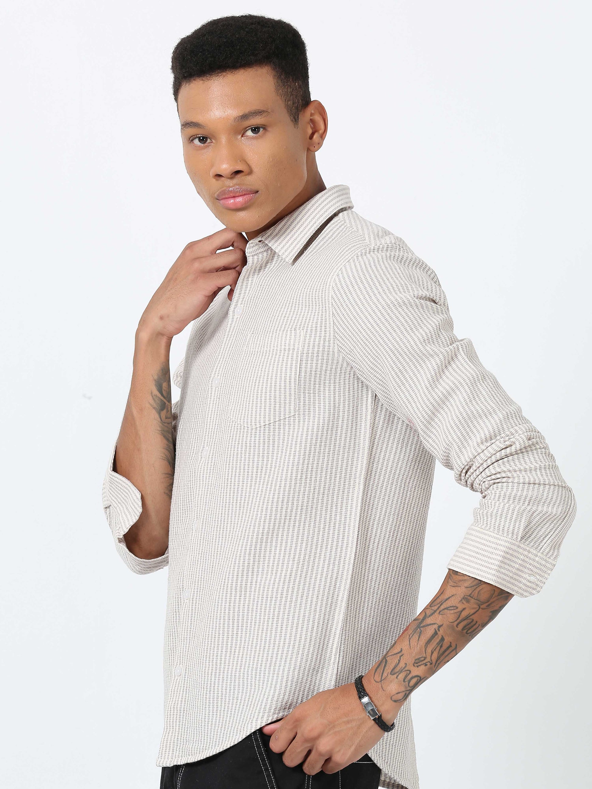 Wan White dobby full sleeve striped shirt