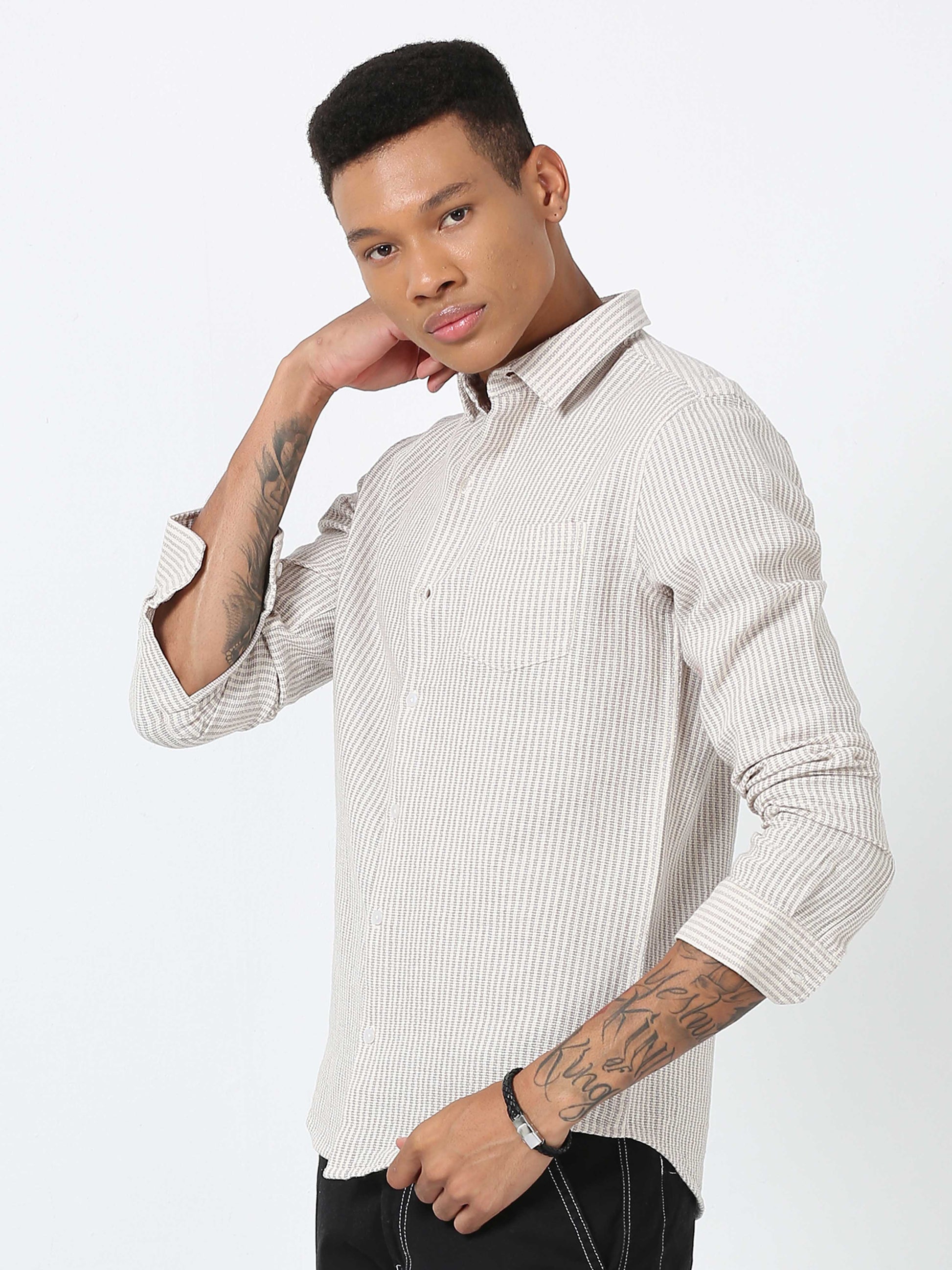 Wan White dobby full sleeve striped shirt