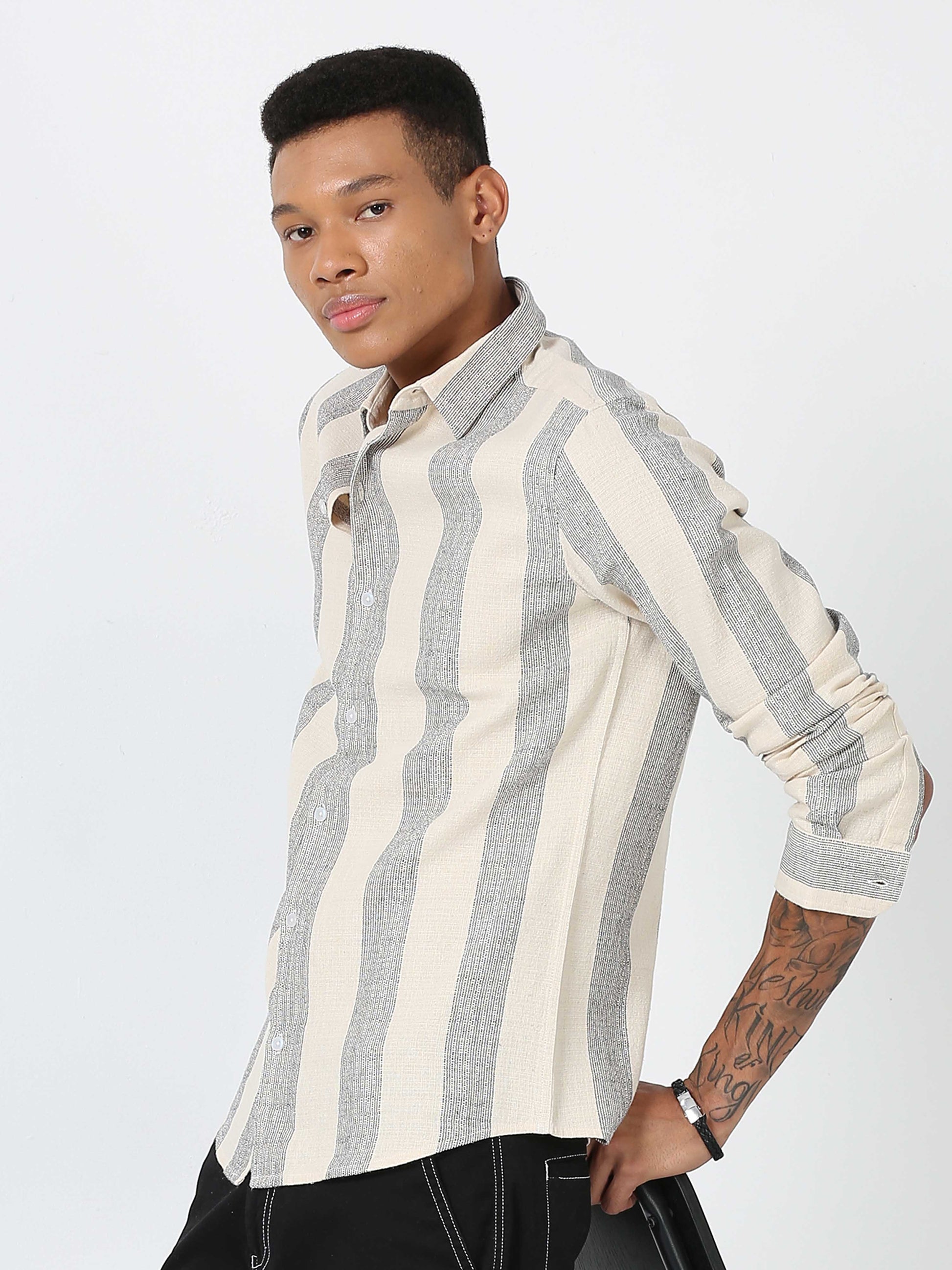 Ivory Dobby Vertical Striped Shirt Full Sleeve