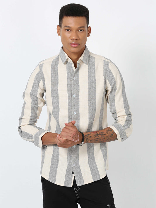 Ivory Dobby Vertical Striped Shirt Full Sleeve