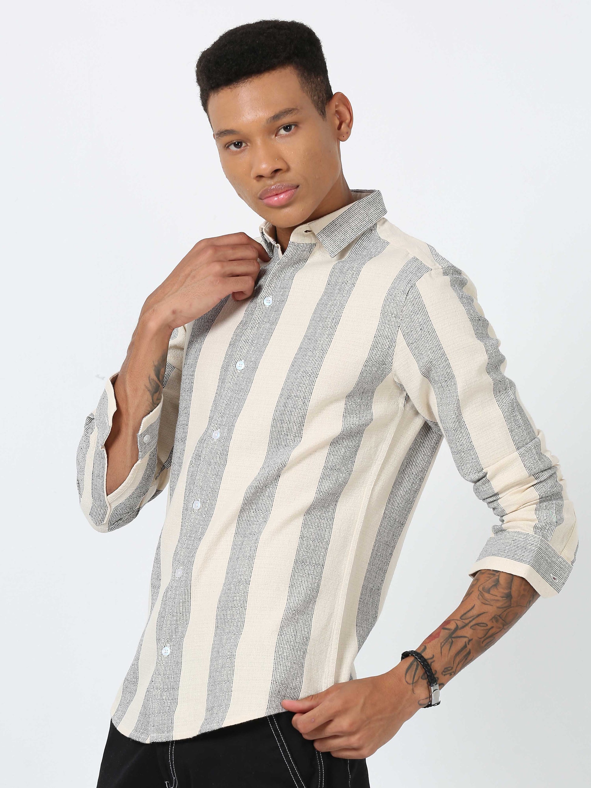 Ivory Dobby Vertical Striped Shirt Full Sleeve