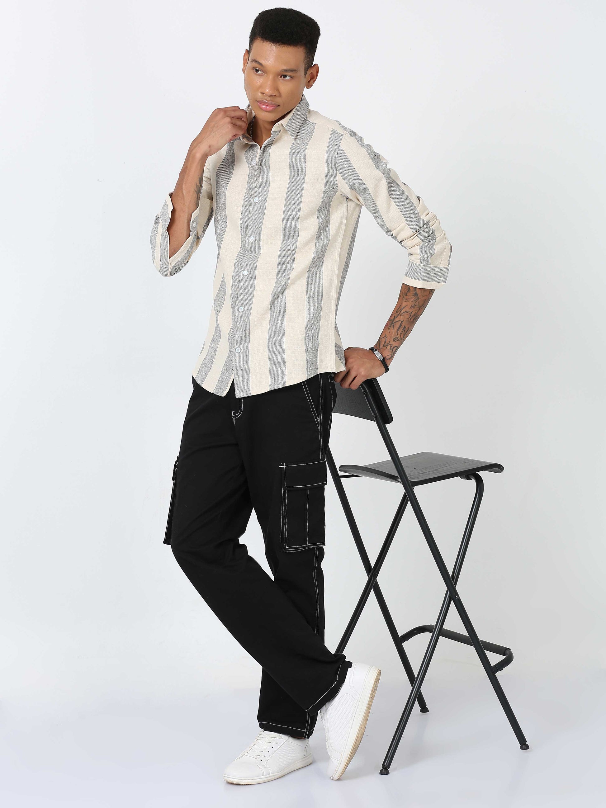 Ivory Dobby Vertical Striped Shirt Full Sleeve