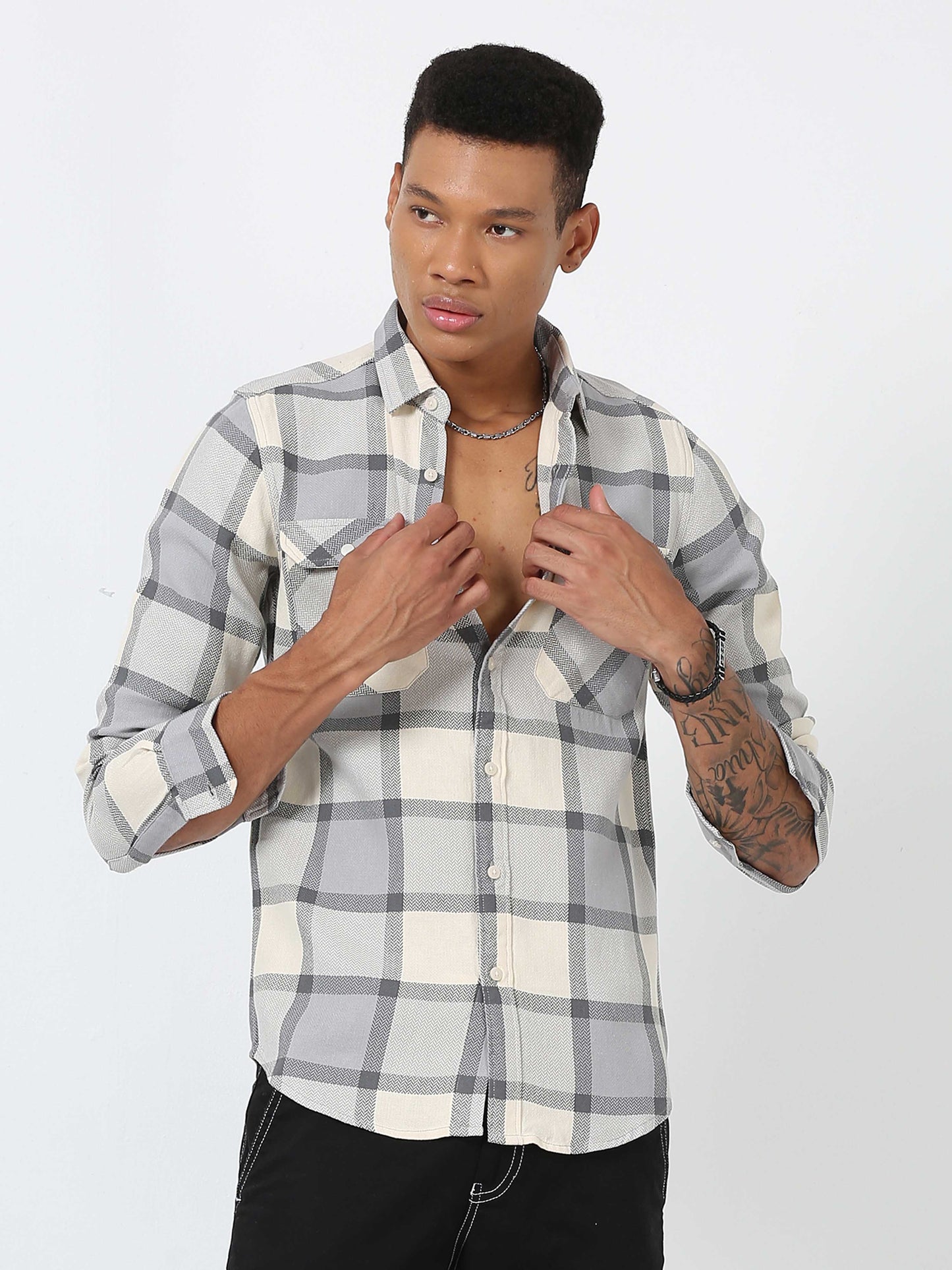 Light Grey Double Pocket Checks Shirt for men