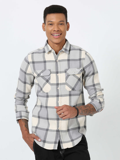 Light Grey Double Pocket Checks Shirt for men