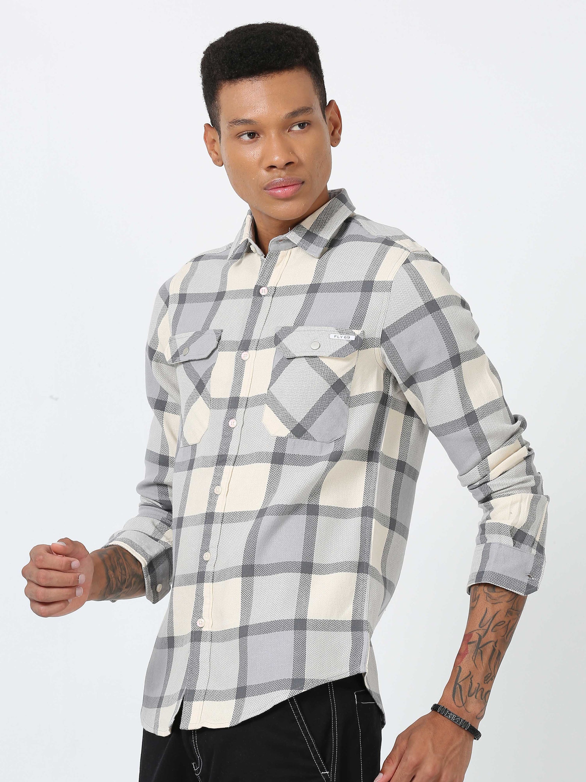 Light Grey Double Pocket Checks Shirt for men